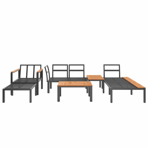 Conjunto de mobiliário de exterior modular - combinação livre, estrutura metálica robusta, almofadas respiráveis e mesas de madeira - cinzento