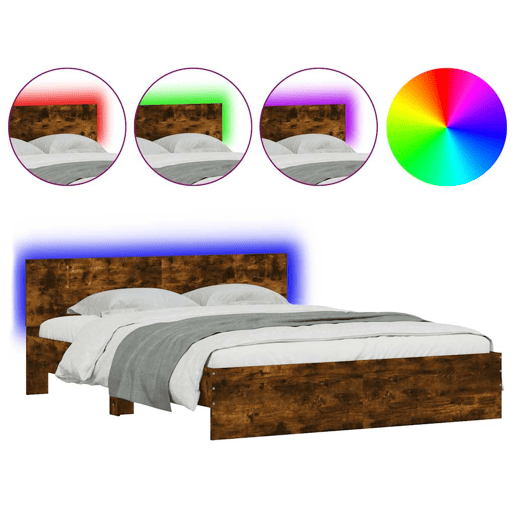 Estrutura Cama de casal simple c cabeceiraluzes LED 150x200cm carvalho fumado
