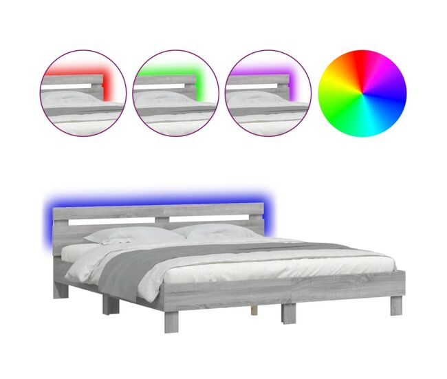 Estructura de cama matrimonial moderno con cabecero y luces led gris sonoma 180x200 cm