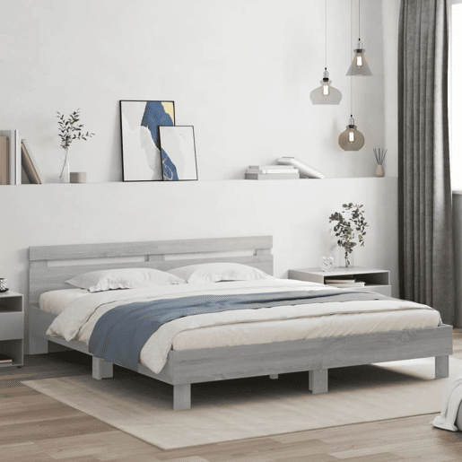 Estrutura de cama de casal c cabeceiraluzes LED - 180x200cm cinzento sonoma