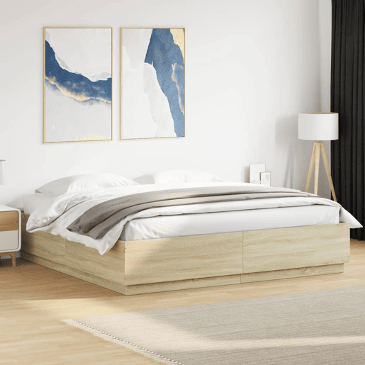 Estrutura de Cama de casal moderno c luzes LED derivados madeira carvalho sonoma