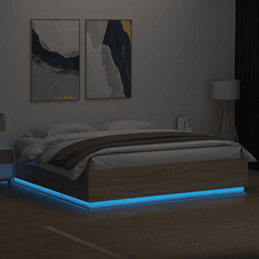 Estrutura de Cama de casal moderno c luzes LED derivados madeira carvalho sonoma