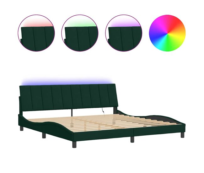 Estructura de cama doble matrimonial con led - terciopelo verde oscuro 200x200cm