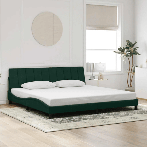Estrutura de cama de casal moderno com LED - 200x200 cm veludo verde-escuro