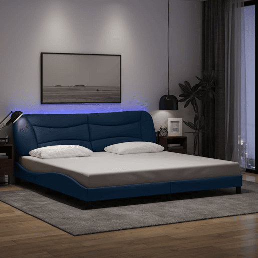 Estrutura de Cama de casal moderno com LED - 200x200 cm tecido azul