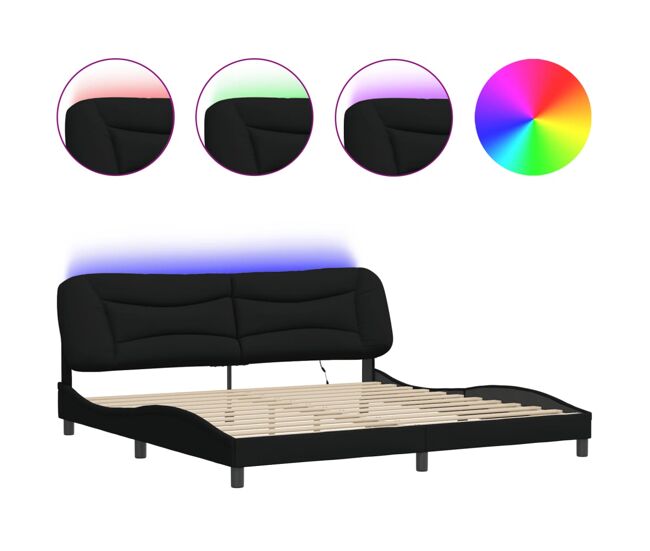 Estructura de cama doble matrimonial con led - tela negro 200x200 cm