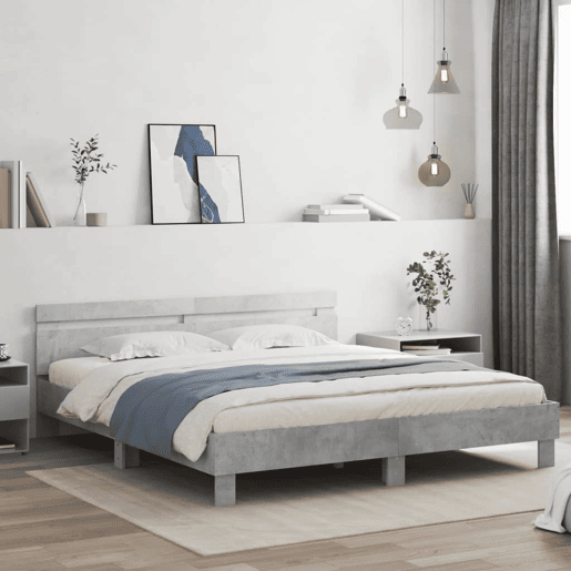 Estrutura de cama de casal cabeceira e luzes LED - 180x200cm cinzento cimento