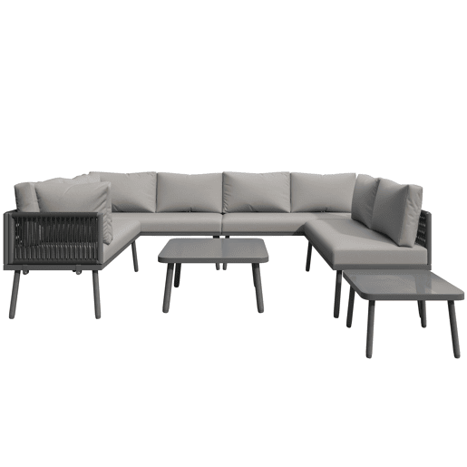 Conjunto de móveis de jardim em ferro + 8 lugares - Sofá em forma de U, 2 mesas, 4 sofás de 2 lugares, almofadas incluídas - Cinza