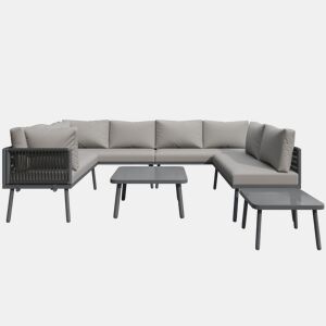 Conjunto de móveis de jardim em ferro + 8 lugares - Sofá em forma de U, 2 mesas, 4 sofás de 2 lugares, almofadas incluídas - Cinza