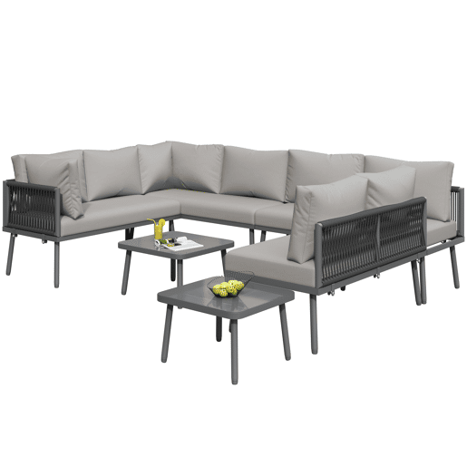 Conjunto de móveis de jardim em ferro + 8 lugares - Sofá em forma de U, 2 mesas, 4 sofás de 2 lugares, almofadas incluídas - Cinza