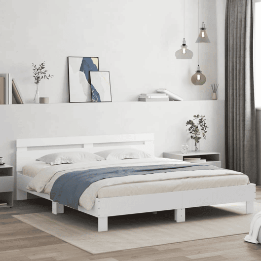 Estrutura De Cama de casal simple De Casal c cabeceira e luzes LED - 180x200 cm branco