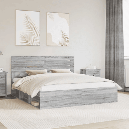 Estrutura de cama de casal king size com cabeceira - Cinza Sonoma 200 x 200 cm