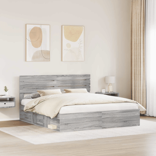 Estrutura de cama de casal king size com cabeceira - Cinza Sonoma 200 x 200 cm