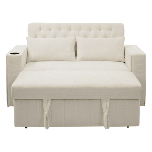 Sofá-cama multifuncional de 2 lugares - com arrumação, porta-copos, porta USB, almofadas - Bege