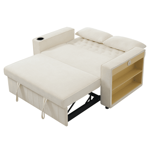 Sofá-cama multifuncional de 2 lugares - com arrumação, porta-copos, porta USB, almofadas - Bege