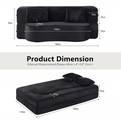 Sofá-cama futon de 2 lugares - dobrável, sem montagem, compactado, multifuncional para colocar no chão - preto