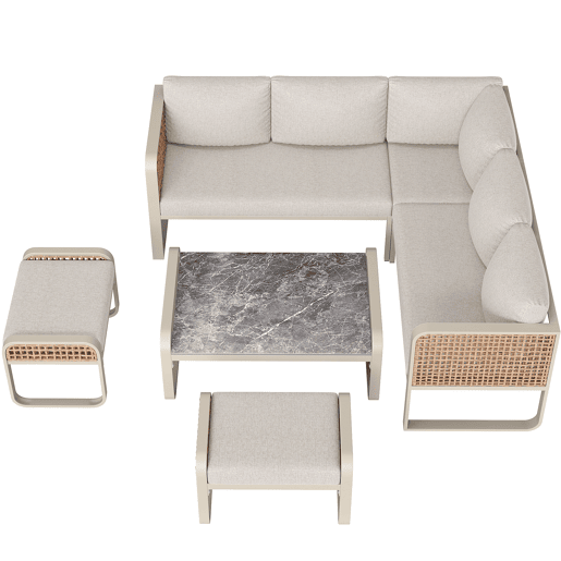 Conjunto de sala de estar para jardim para 6-7 pessoas - Sofá de canto com estrutura em ferro galvanizado, almofadas incluídas - Bege