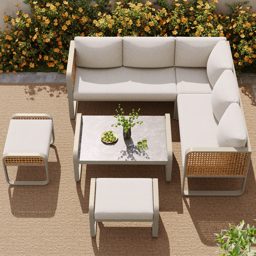 Conjunto de sala de estar para jardim para 6-7 pessoas - Sofá de canto com estrutura em ferro galvanizado, almofadas incluídas - Bege