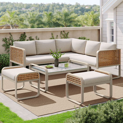 Conjunto de sala de estar para jardim para 6-7 pessoas - Sofá de canto com estrutura em ferro galvanizado, almofadas incluídas - Bege