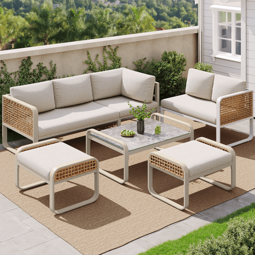 Conjunto de sala de estar para jardim para 6-7 pessoas - Sofá de canto com estrutura em ferro galvanizado, almofadas incluídas - Bege