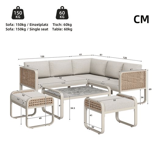 Conjunto de sala de estar para jardim para 6-7 pessoas - Sofá de canto com estrutura em ferro galvanizado, almofadas incluídas - Bege