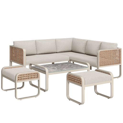 Conjunto de sala de estar para jardim para 6-7 pessoas - Sofá de canto com estrutura em ferro galvanizado, almofadas incluídas - Bege