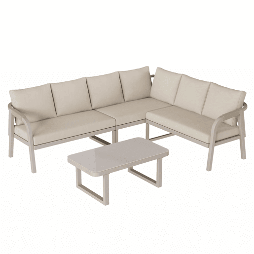 Conjunto de mobiliário de jardim - 6 lugares - Conjunto de canto, encosto e braços trançados, estrutura em aço galvanizado, inclui sofá e mesa de café - Bege