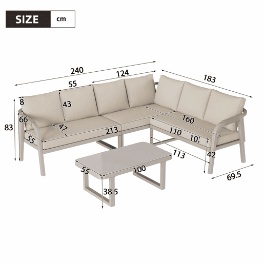 Conjunto de mobiliário de jardim - 6 lugares - Conjunto de canto, encosto e braços trançados, estrutura em aço galvanizado, inclui sofá e mesa de café - Bege