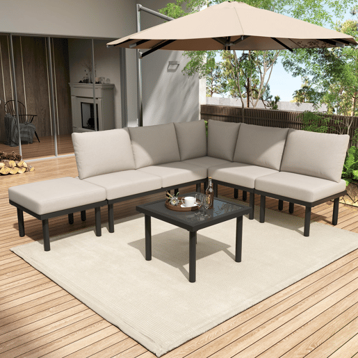 Conjunto de cadeiras de jardim 6 peças - Estrutura em ferro galvanizado, almofadas incluídas, corda trançada bege - Bege