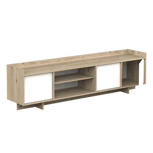 Conjunto de móveis para sala de estar Lead, composto por rack para TV, aparador, estante e mesa de jantar extensível. Acabamento em carvalho artesanal e branco fosco.