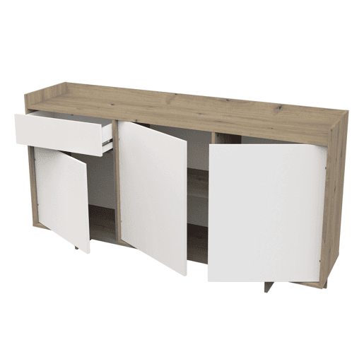 Conjunto de móveis para sala de estar Lead, composto por rack para TV, aparador, estante e mesa de jantar extensível. Acabamento em carvalho artesanal e branco fosco.