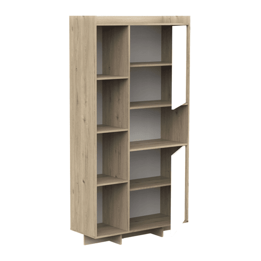 Conjunto de móveis para sala de estar Lead, composto por rack para TV, aparador, estante e mesa de jantar extensível. Acabamento em carvalho artesanal e branco fosco.