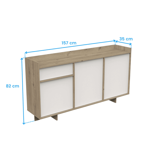 Conjunto de móveis para sala de estar Lead, composto por rack para TV, aparador, estante e mesa de jantar extensível. Acabamento em carvalho artesanal e branco fosco.