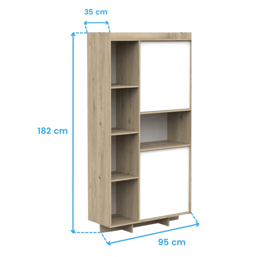 Conjunto de móveis para sala de estar Lead, composto por rack para TV, aparador, estante e mesa de jantar extensível. Acabamento em carvalho artesanal e branco fosco.