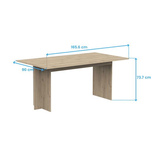 Conjunto de móveis para sala de estar Lead, composto por rack para TV, aparador, estante e mesa de jantar extensível. Acabamento em carvalho artesanal e branco fosco.
