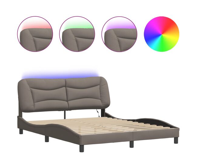 Estructura de cama doble matrimonial con led - tela gris taupe 160x200 cm