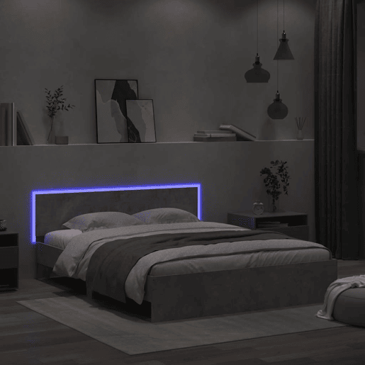 Estrutura de cama de casal cabeceira e luzes LED - 150x200cm cinzento cimento