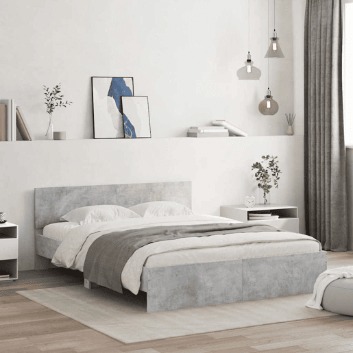 Estrutura de cama de casal cabeceira e luzes LED - 150x200cm cinzento cimento