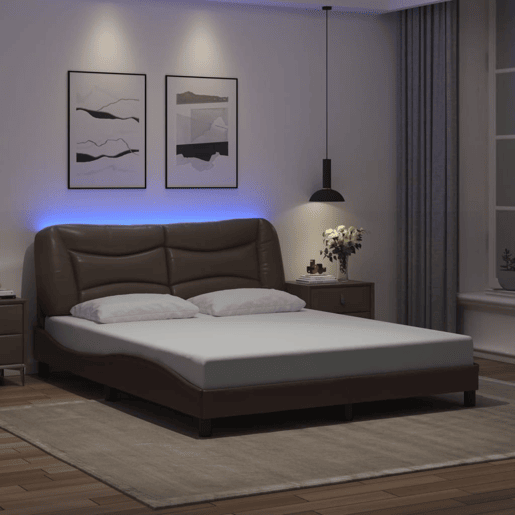 Estrutura de Cama de casal moderno com LED - 160x200cm castanho