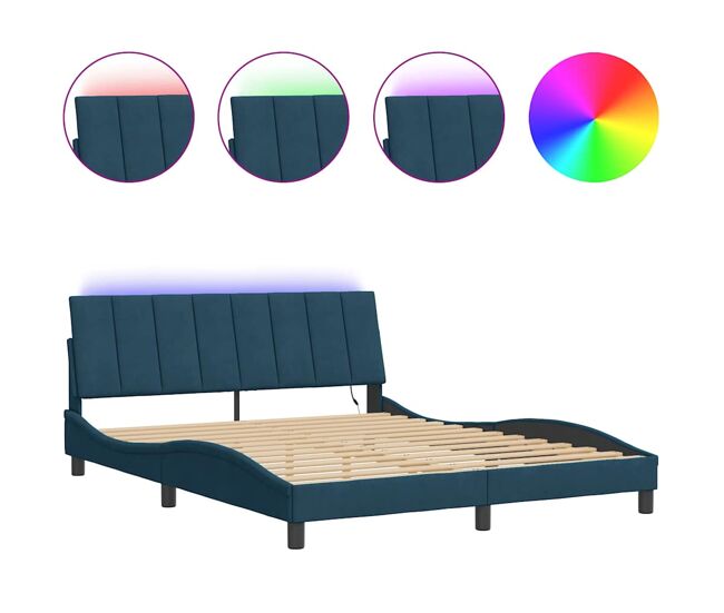 Estructura de cama doble matrimonial con led - terciopelo azul 200x200 cm