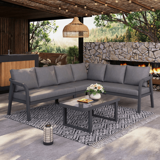 Conjunto de jardim para 6 pessoas - sofá de canto com encosto e braços trançados, estrutura em aço galvanizado, inclui mesa de centro - cinzento