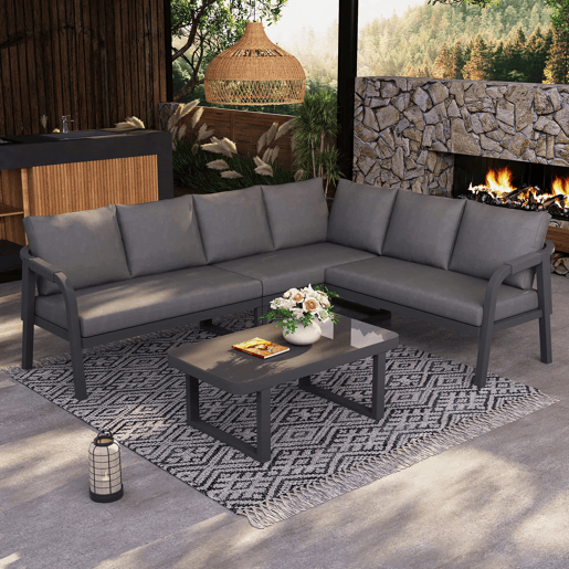 Conjunto de jardim para 6 pessoas - sofá de canto com encosto e braços trançados, estrutura em aço galvanizado, inclui mesa de centro - cinzento