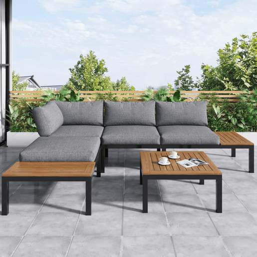Conjunto de jardim (2 sofás de 2 lugares, 2 mesas auxiliares, 1 mesa) - Tampo em acácia maciça, capa de tecido para encosto - Cinza