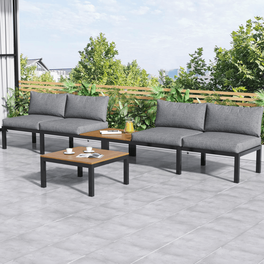 Conjunto de jardim (2 sofás de 2 lugares, 2 mesas auxiliares, 1 mesa) - Tampo em acácia maciça, capa de tecido para encosto - Cinza