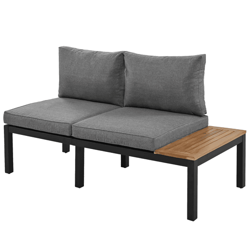 Conjunto de jardim (2 sofás de 2 lugares, 2 mesas auxiliares, 1 mesa) - Tampo em acácia maciça, capa de tecido para encosto - Cinza
