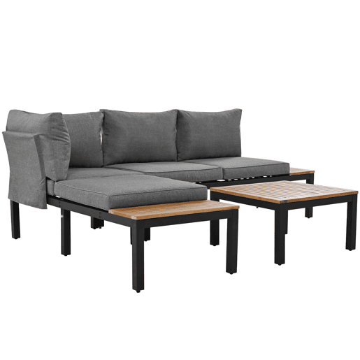 Conjunto de jardim (2 sofás de 2 lugares, 2 mesas auxiliares, 1 mesa) - Tampo em acácia maciça, capa de tecido para encosto - Cinza