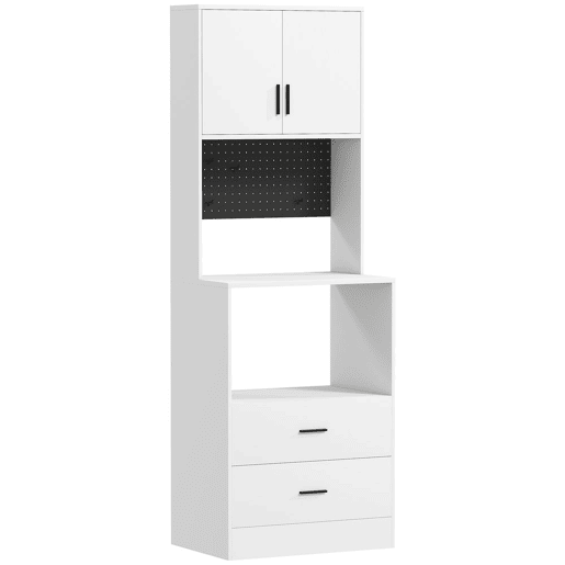 HOMCOM Móvel Auxiliar de Cozinha Aparador de Cozinha com Suporte para Micro-ondas 2 Gavetas 2 Portas Prateleira Ajustável e Painel Perfurado de Metal com 4 Ganchos para Sala 60x40x170 cm, Branco