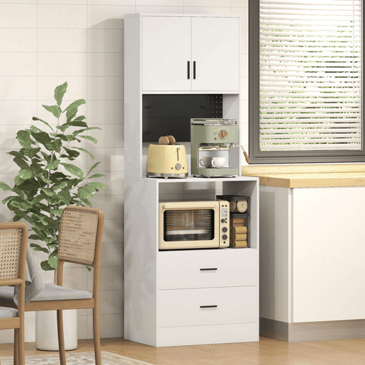 HOMCOM Móvel Auxiliar de Cozinha Aparador de Cozinha com Suporte para Micro-ondas 2 Gavetas 2 Portas Prateleira Ajustável e Painel Perfurado de Metal com 4 Ganchos para Sala 60x40x170 cm, Branco