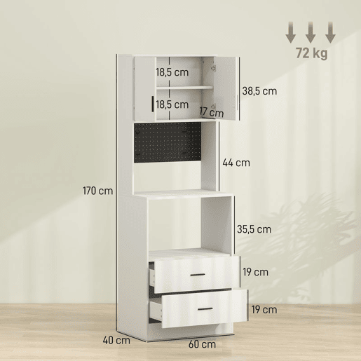HOMCOM Móvel Auxiliar de Cozinha Aparador de Cozinha com Suporte para Micro-ondas 2 Gavetas 2 Portas Prateleira Ajustável e Painel Perfurado de Metal com 4 Ganchos para Sala 60x40x170 cm, Branco