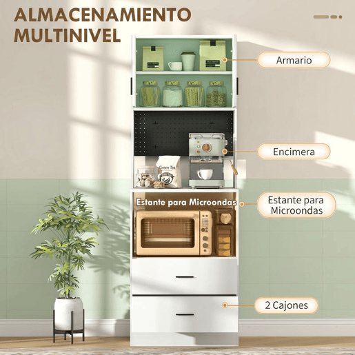 HOMCOM Móvel Auxiliar de Cozinha Aparador de Cozinha com Suporte para Micro-ondas 2 Gavetas 2 Portas Prateleira Ajustável e Painel Perfurado de Metal com 4 Ganchos para Sala 60x40x170 cm, Branco